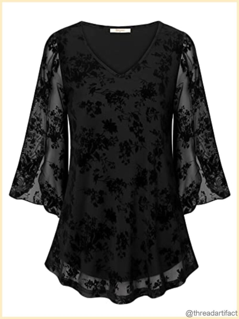 Ruffle 3/4 Sleeve V-Neck Double Layer Mesh Blouse Loose Fit Flowy Tunic Top